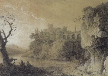 Landschaft mit einem Fluss und befestigtem Dorf